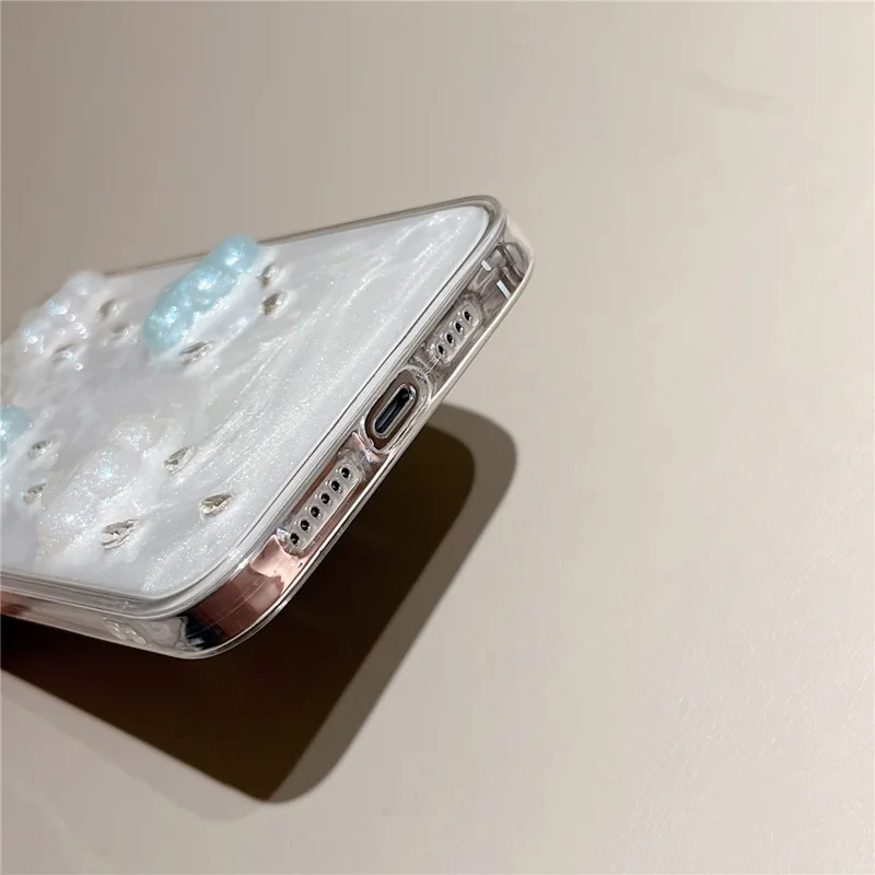 For iPhone 15 Pro Max Case Cute 3D Cloud Rhinestone Decor TPU+PC Phone Cover (Precise Lens Cutouts)