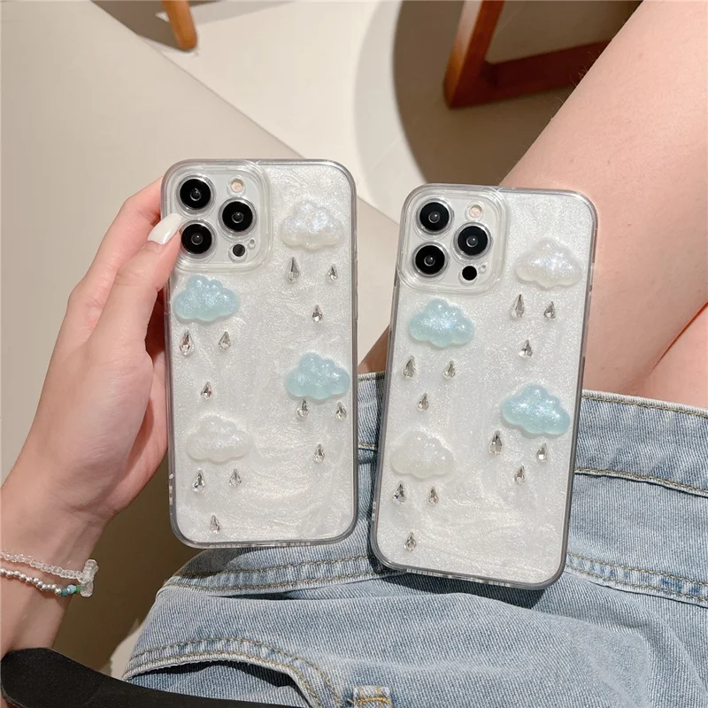For iPhone 15 Pro Max Case Cute 3D Cloud Rhinestone Decor TPU+PC Phone Cover (Precise Lens Cutouts)