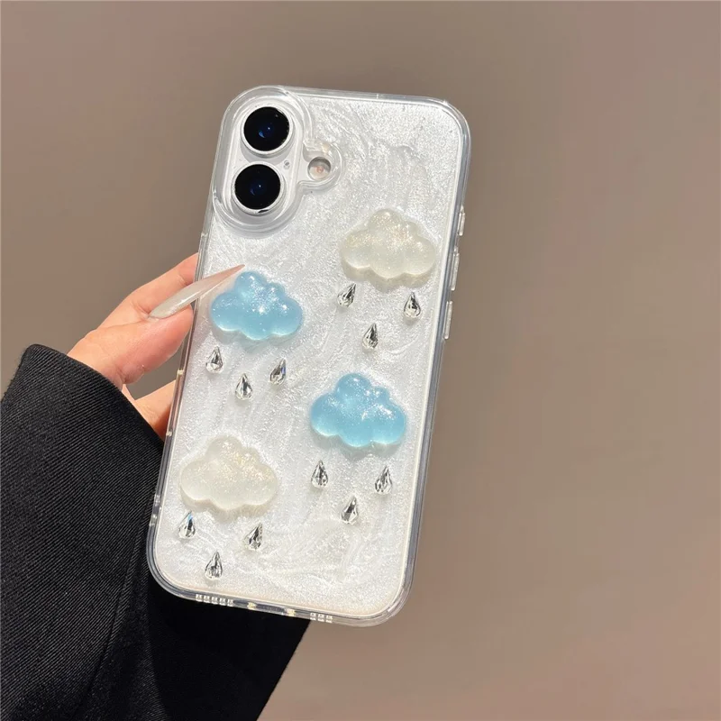 Étui pour iPhone 16 Mignon Nuage 3D avec Décoration de Strass TPU+PC Protection Téléphone (Découpes Précises pour Objectif)