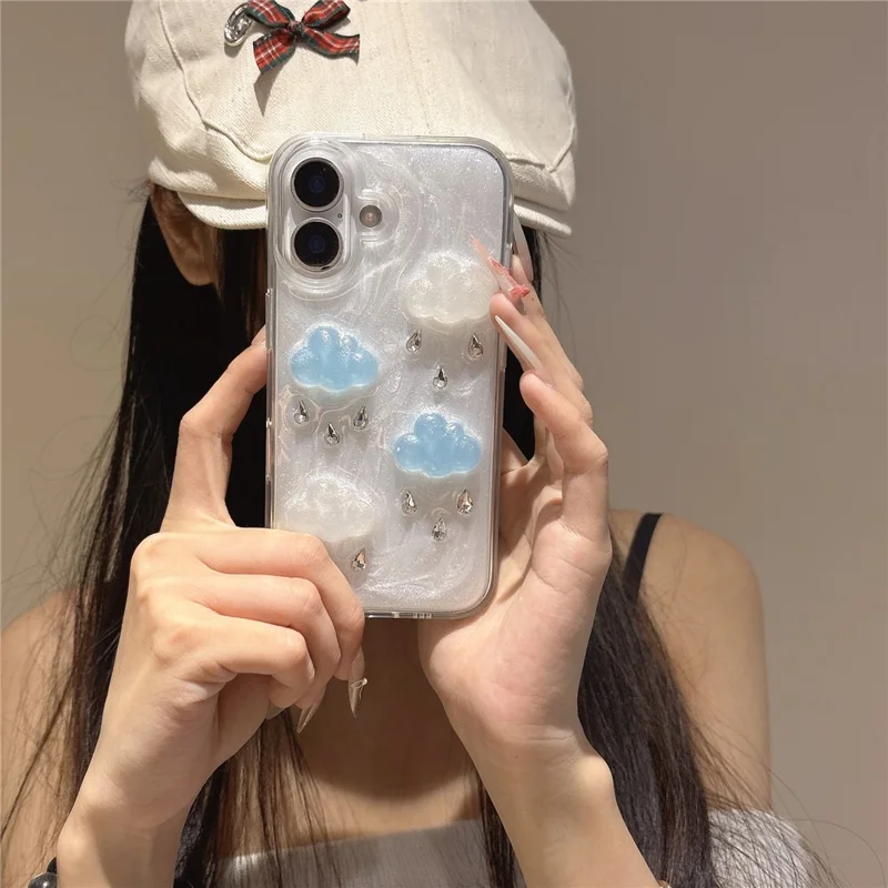For iPhone 16 Plus Case Cute 3D Cloud Rhinestone Decor TPU+PC Phone Cover (Precise Lens Cutouts)