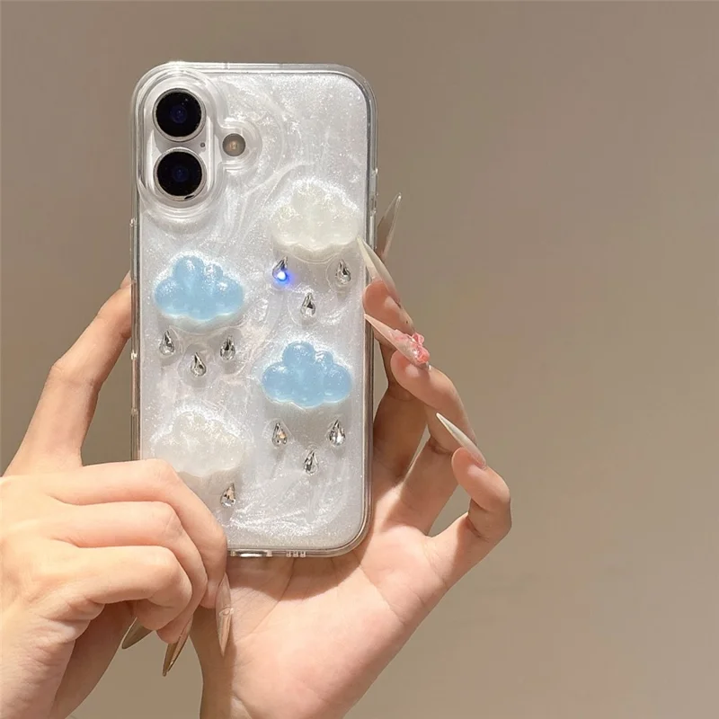 For iPhone 16 Plus Case Cute 3D Cloud Rhinestone Decor TPU+PC Phone Cover (Precise Lens Cutouts)