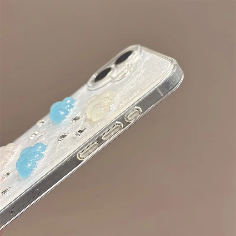 For iPhone 16 Plus Case Cute 3D Cloud Rhinestone Decor TPU+PC Phone Cover (Precise Lens Cutouts)