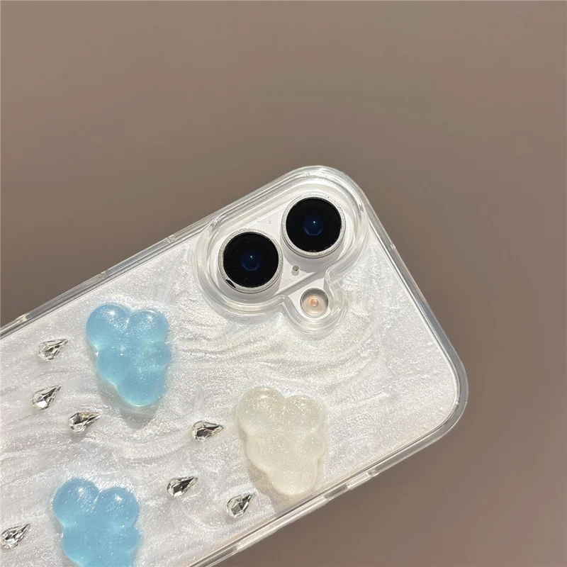 For iPhone 16 Plus Case Cute 3D Cloud Rhinestone Decor TPU+PC Phone Cover (Precise Lens Cutouts)