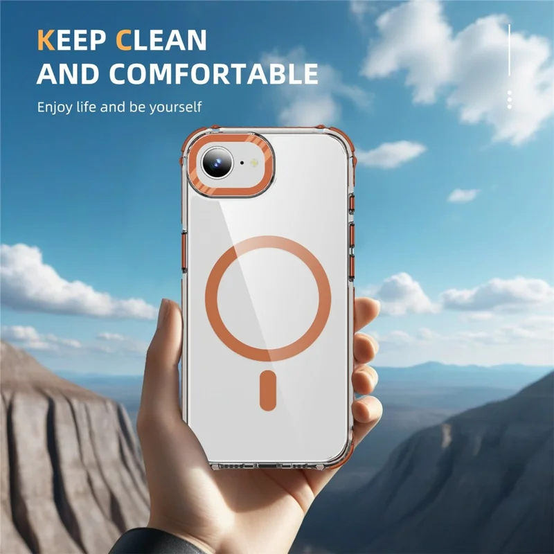 Für iPhone 16e Hülle Kristallklar Airbag TPU + PC Handyrückseite Schutzhülle Kompatibel mit MagSafe - Orange