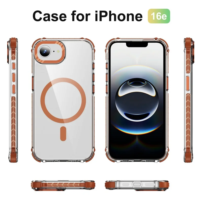 Für iPhone 16e Hülle Kristallklar Airbag TPU + PC Handyrückseite Schutzhülle Kompatibel mit MagSafe - Orange