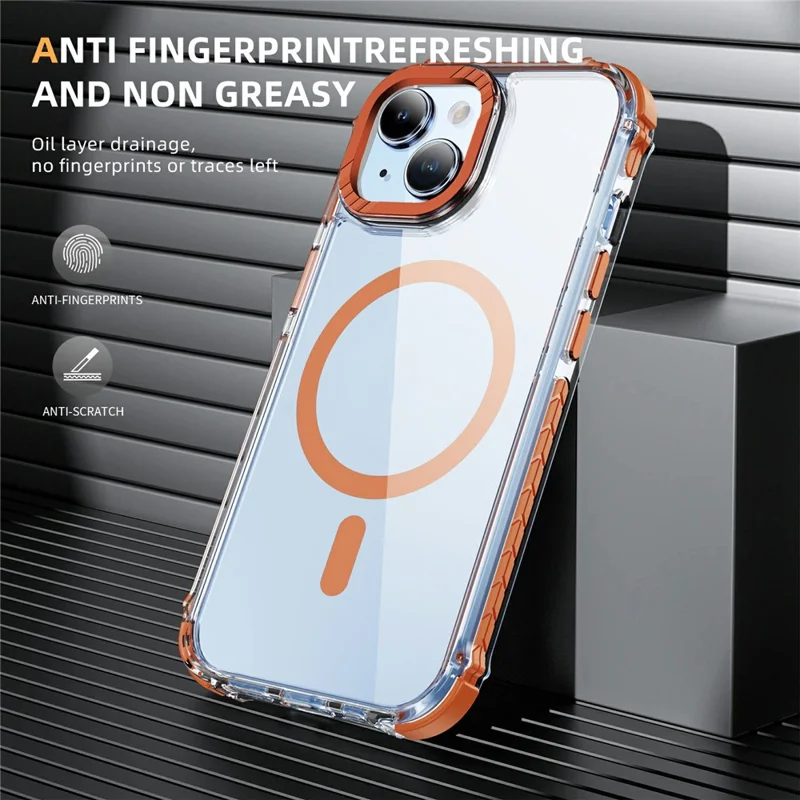 For iPhone 14 Case Crystal Clear Airbag TPU + PC Phone Back Cover Compatible with MagSafe - Orange