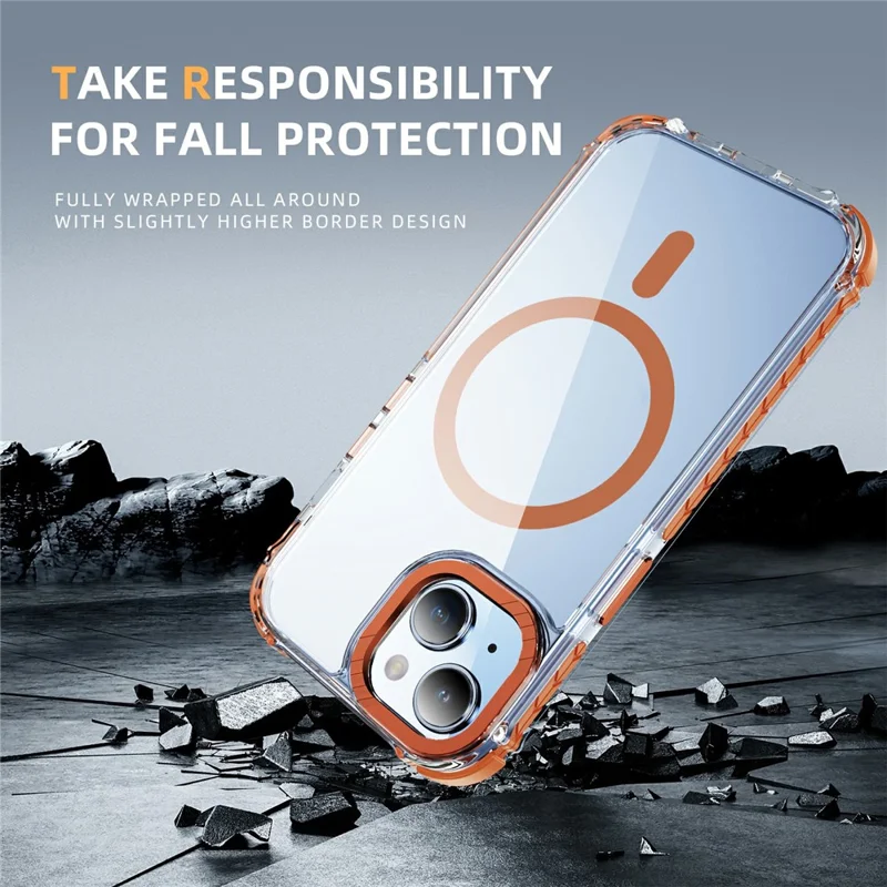 For iPhone 14 Case Crystal Clear Airbag TPU + PC Phone Back Cover Compatible with MagSafe - Orange