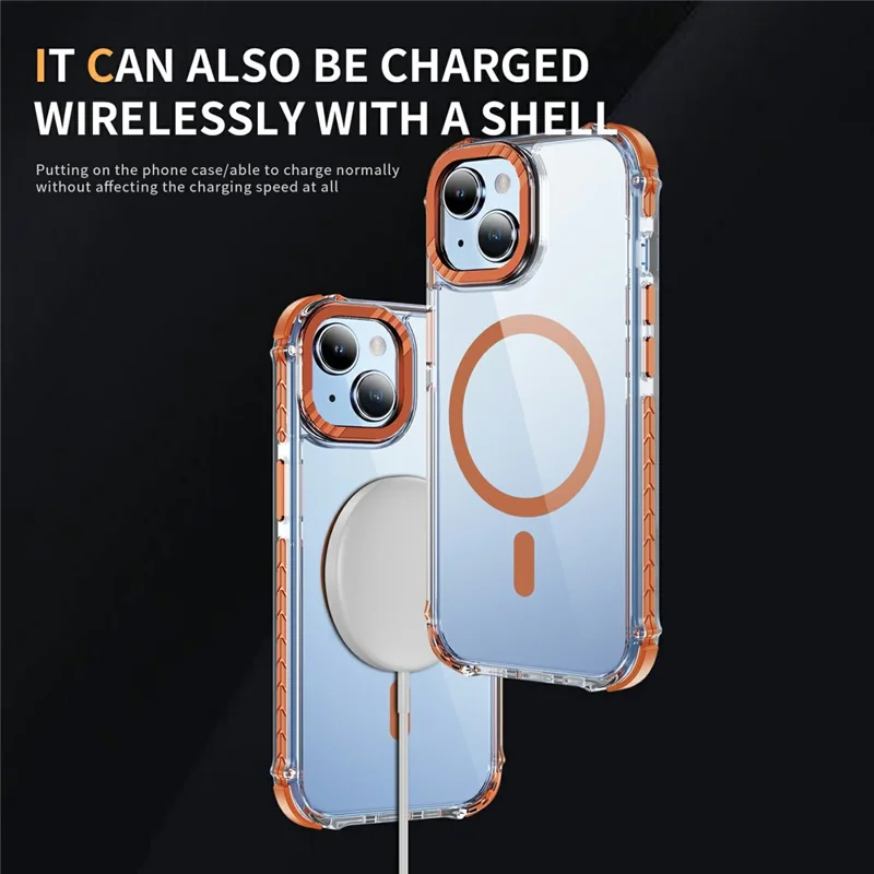 For iPhone 14 Case Crystal Clear Airbag TPU + PC Phone Back Cover Compatible with MagSafe - Orange