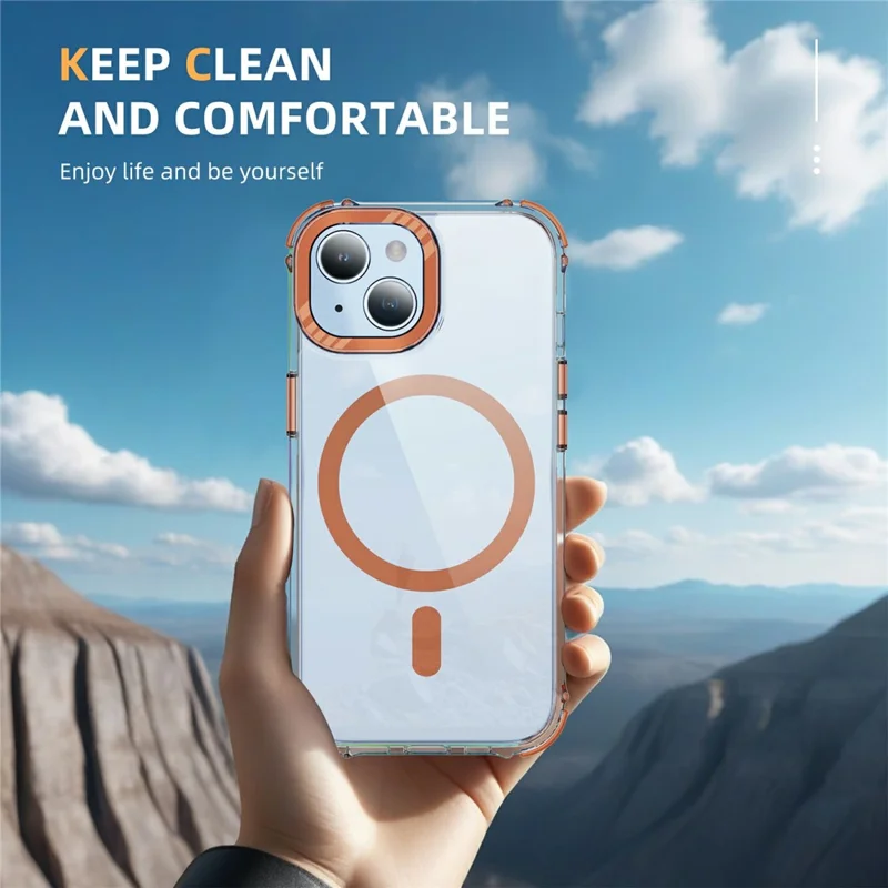 For iPhone 14 Case Crystal Clear Airbag TPU + PC Phone Back Cover Compatible with MagSafe - Orange