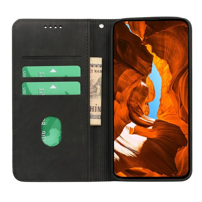 For Honor 400 Lite 5G Case Strong Magnetic Leather Wallet Phone Cover with Striped Texture - Black