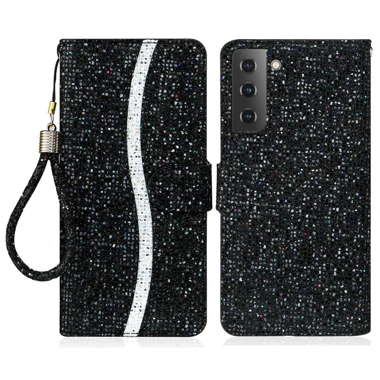 For Samsung Galaxy S23 Glitter Bling Splicing Design PU Leather Phone Wallet Case Flip Stand Protective Shell with Hand Strap - Black