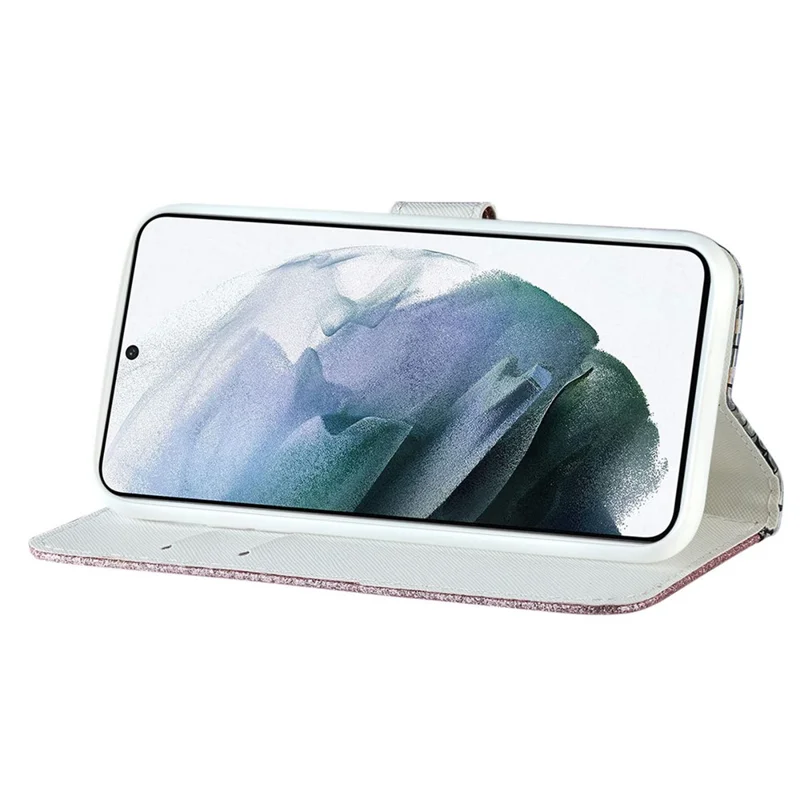 For Samsung Galaxy S23 Crocodile Texture Sparkly Glitter Splicing Phone Cover PU Leather Shockproof Foldable Stand Wallet Case - Rose Gold