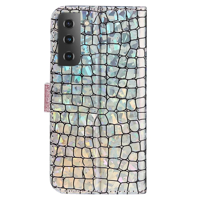 For Samsung Galaxy S23 Crocodile Texture Sparkly Glitter Splicing Phone Cover PU Leather Shockproof Foldable Stand Wallet Case - Rose Gold
