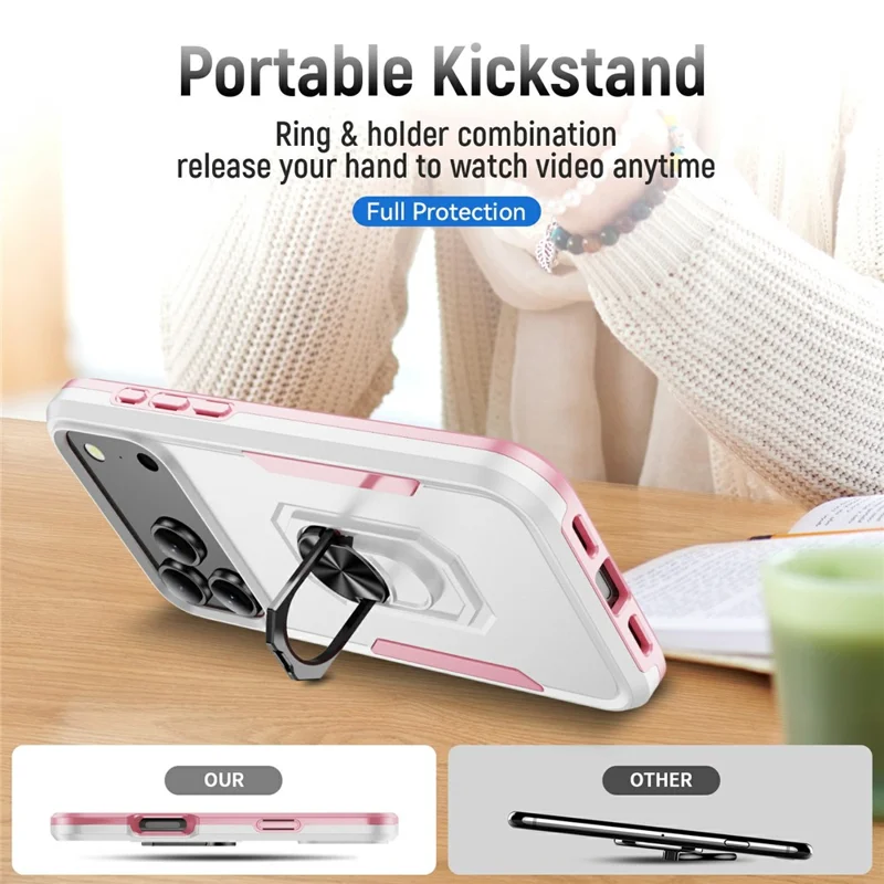 For iPhone 17 Pro Max Case Military Grade Ring Kickstand PC + TPU Phone Cover - White + Pink