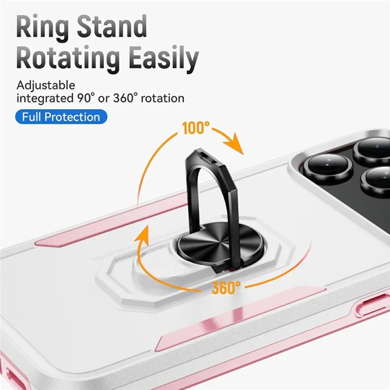 For iPhone 17 Pro Max Case Military Grade Ring Kickstand PC + TPU Phone Cover - White + Pink