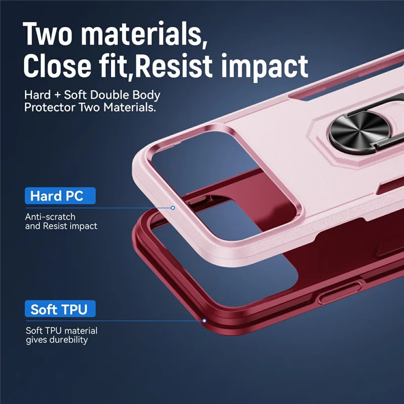 For iPhone 17 Pro Max Case Military Grade Ring Kickstand PC + TPU Phone Cover - Pink + Rose