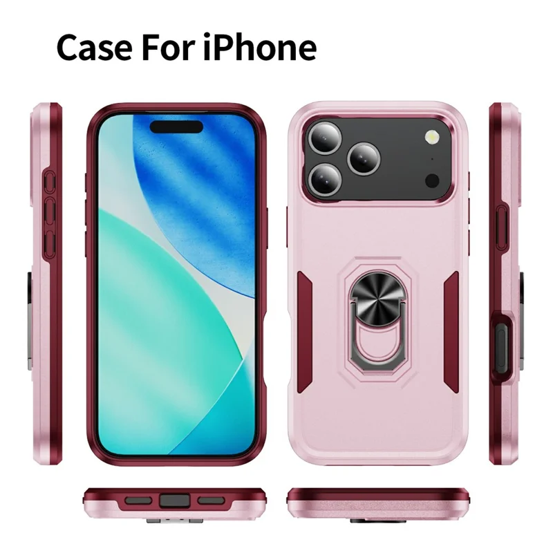 For iPhone 17 Pro Max Case Military Grade Ring Kickstand PC + TPU Phone Cover - Pink + Rose