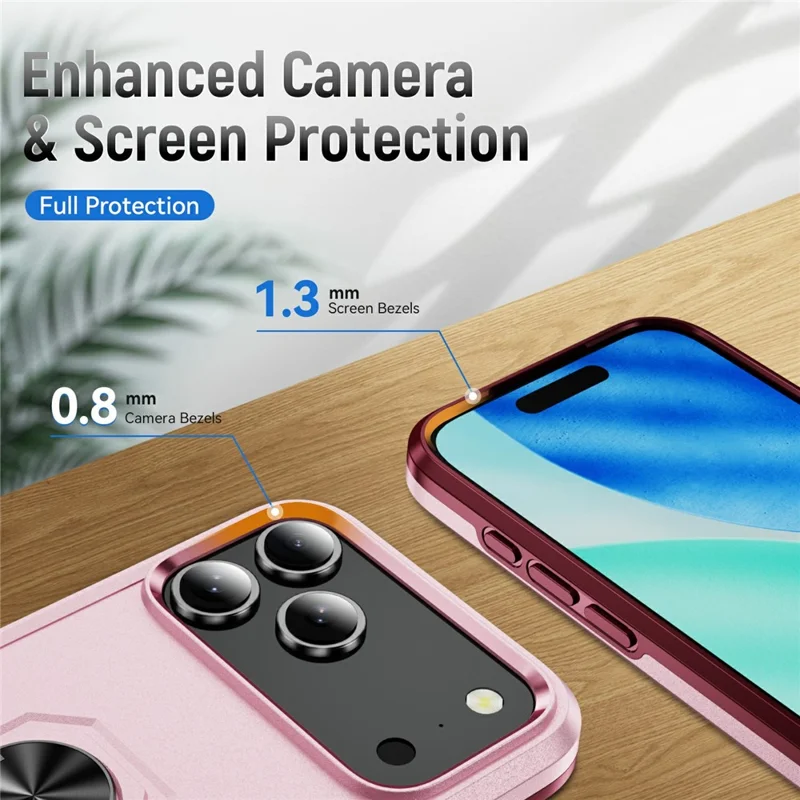 For iPhone 17 Pro Max Case Military Grade Ring Kickstand PC + TPU Phone Cover - Pink + Rose
