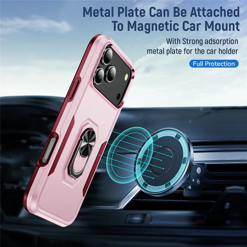 For iPhone 17 Pro Max Case Military Grade Ring Kickstand PC + TPU Phone Cover - Pink + Rose
