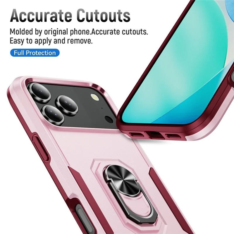 For iPhone 17 Pro Max Case Military Grade Ring Kickstand PC + TPU Phone Cover - Pink + Rose