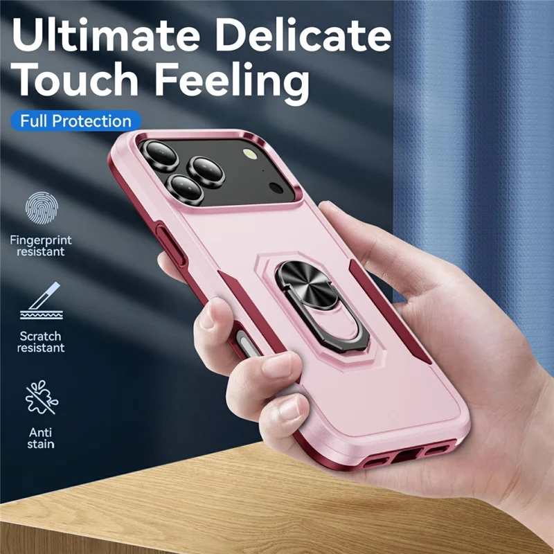 For iPhone 17 Pro Max Case Military Grade Ring Kickstand PC + TPU Phone Cover - Pink + Rose