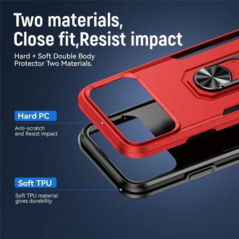 For iPhone 17 Pro Max Case Military Grade Ring Kickstand PC + TPU Phone Cover - Red + Black