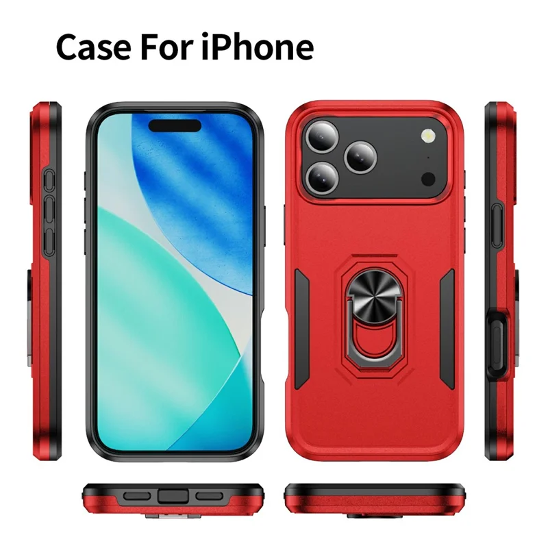 For iPhone 17 Pro Max Case Military Grade Ring Kickstand PC + TPU Phone Cover - Red + Black