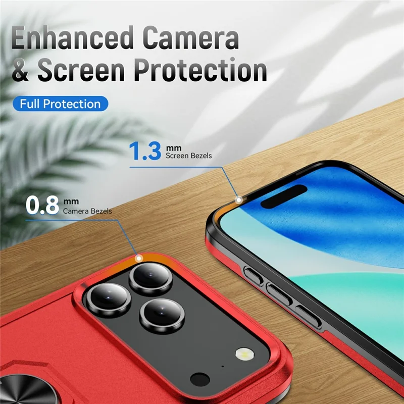 For iPhone 17 Pro Max Case Military Grade Ring Kickstand PC + TPU Phone Cover - Red + Black