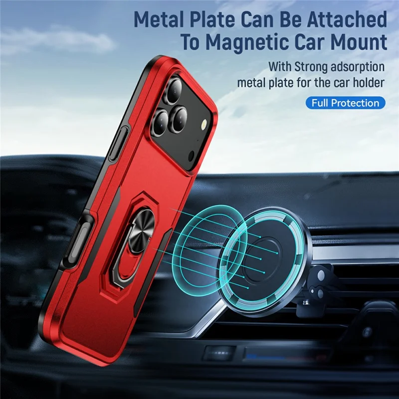 For iPhone 17 Pro Max Case Military Grade Ring Kickstand PC + TPU Phone Cover - Red + Black