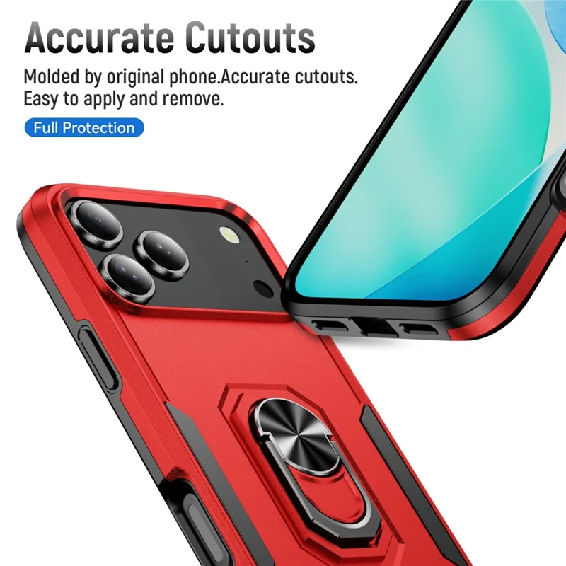 For iPhone 17 Pro Max Case Military Grade Ring Kickstand PC + TPU Phone Cover - Red + Black