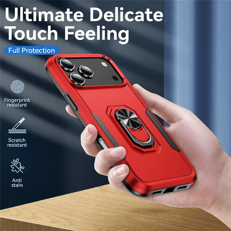 For iPhone 17 Pro Max Case Military Grade Ring Kickstand PC + TPU Phone Cover - Red + Black