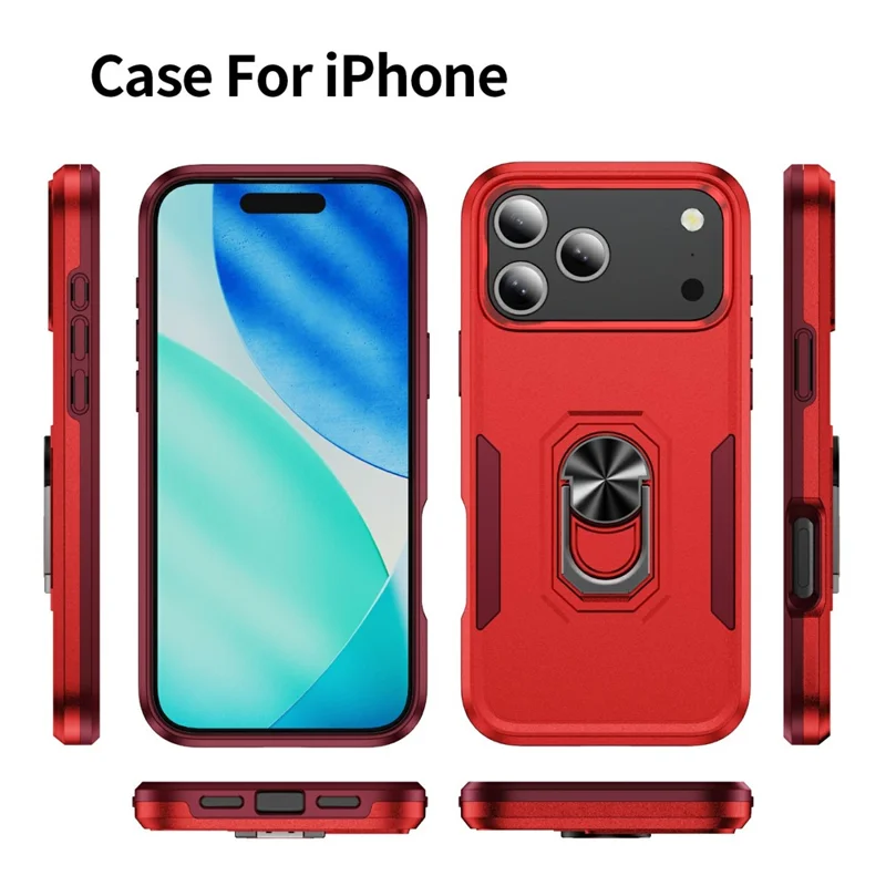 For iPhone 17 Pro Max Case Military Grade Ring Kickstand PC + TPU Phone Cover - Red + Rose