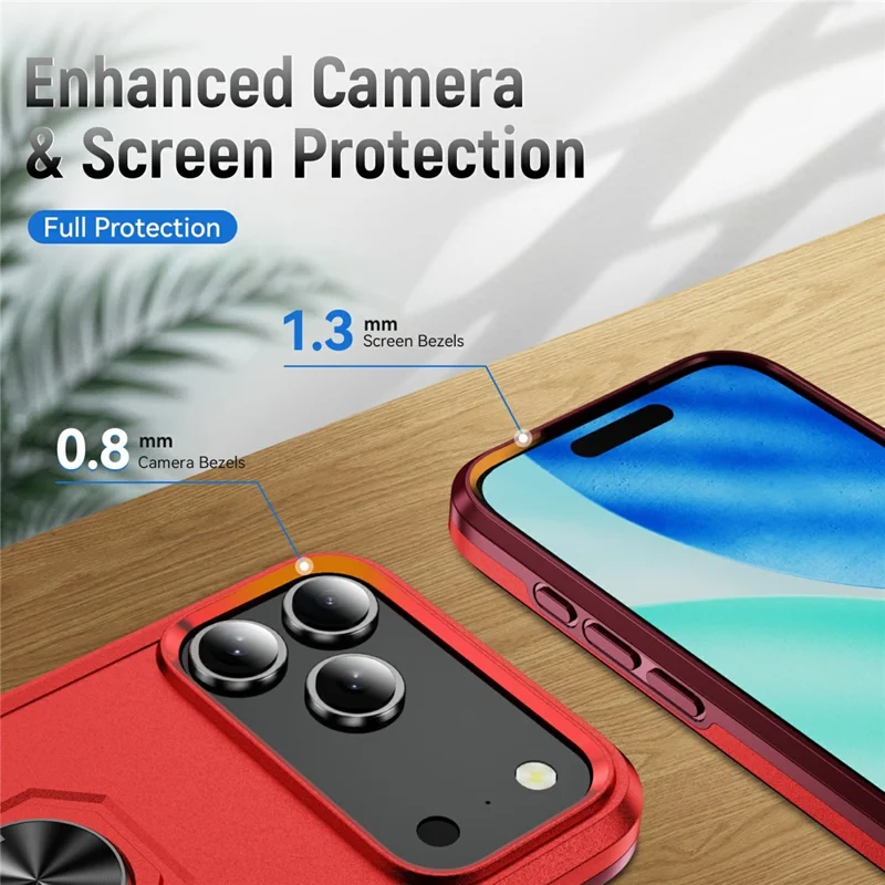For iPhone 17 Pro Max Case Military Grade Ring Kickstand PC + TPU Phone Cover - Red + Rose