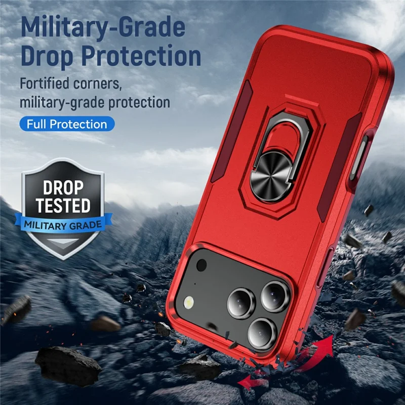 For iPhone 17 Pro Max Case Military Grade Ring Kickstand PC + TPU Phone Cover - Red + Rose