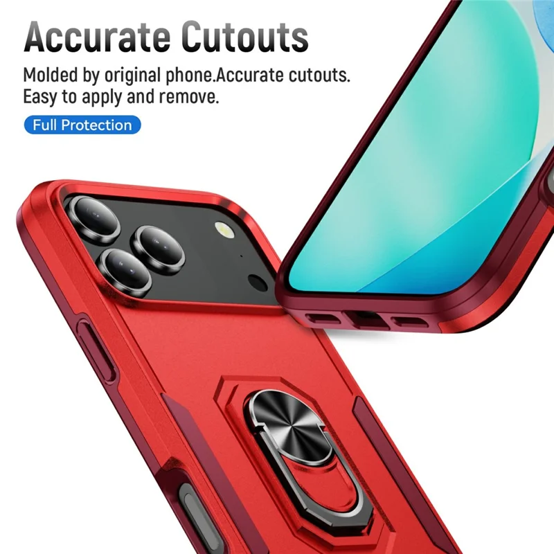 For iPhone 17 Pro Max Case Military Grade Ring Kickstand PC + TPU Phone Cover - Red + Rose