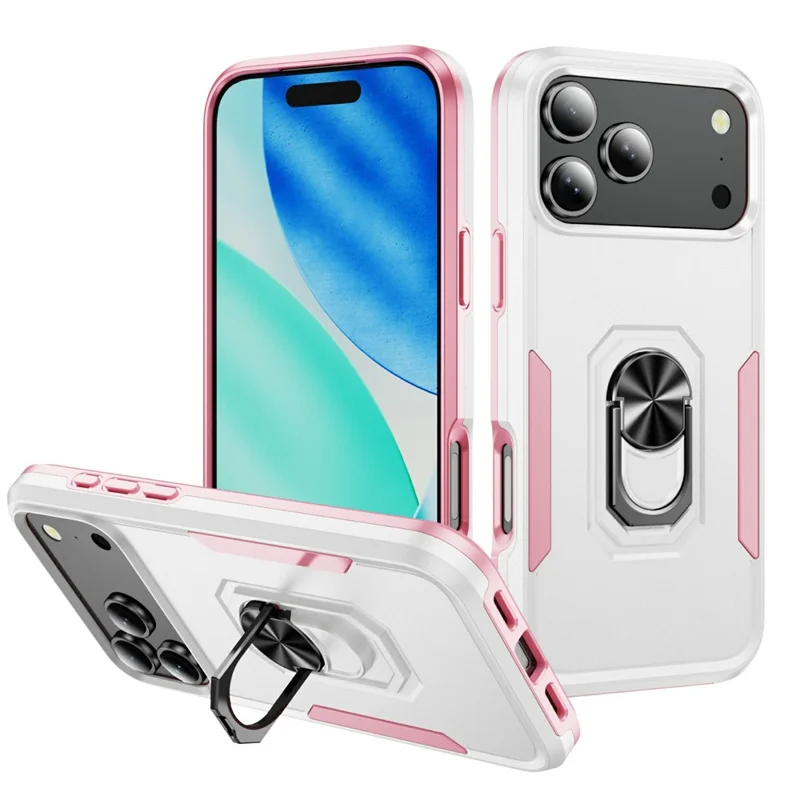 For iPhone 17 Pro Case Military Grade Ring Kickstand PC + TPU Phone Cover - White + Pink