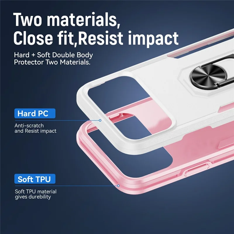 For iPhone 17 Pro Case Military Grade Ring Kickstand PC + TPU Phone Cover - White + Pink