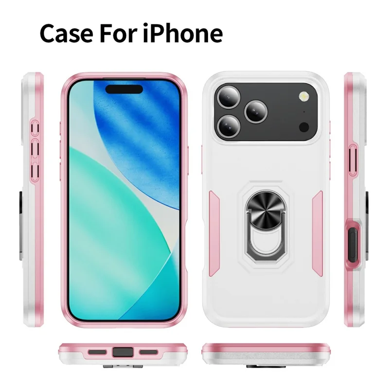 For iPhone 17 Pro Case Military Grade Ring Kickstand PC + TPU Phone Cover - White + Pink
