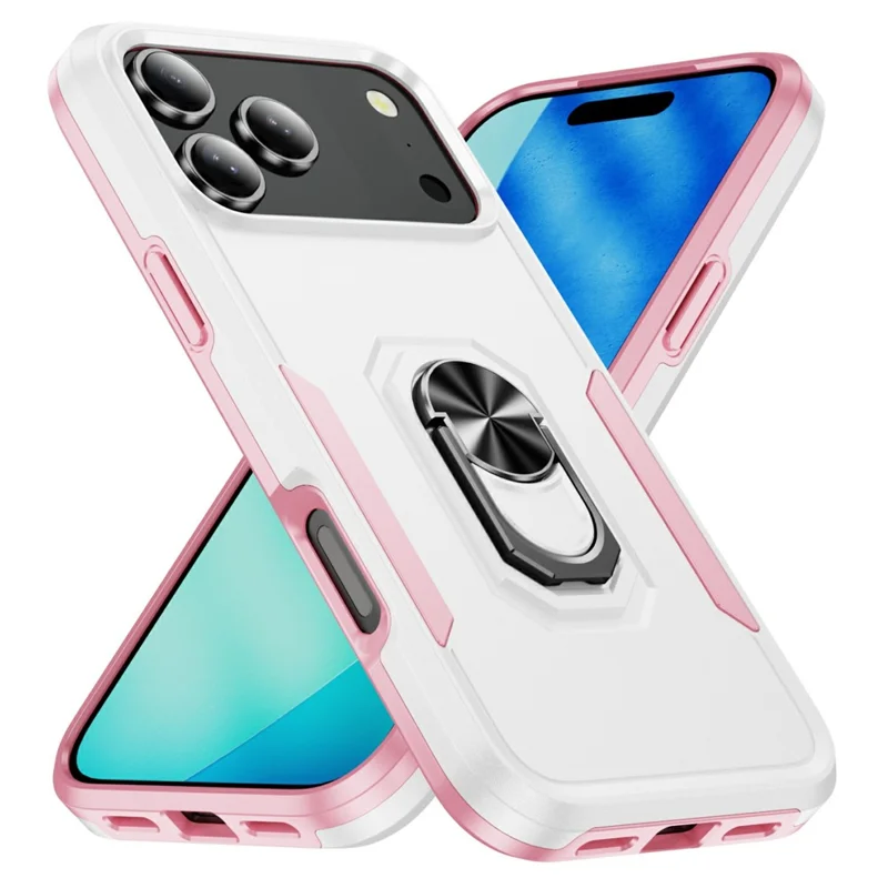For iPhone 17 Pro Case Military Grade Ring Kickstand PC + TPU Phone Cover - White + Pink