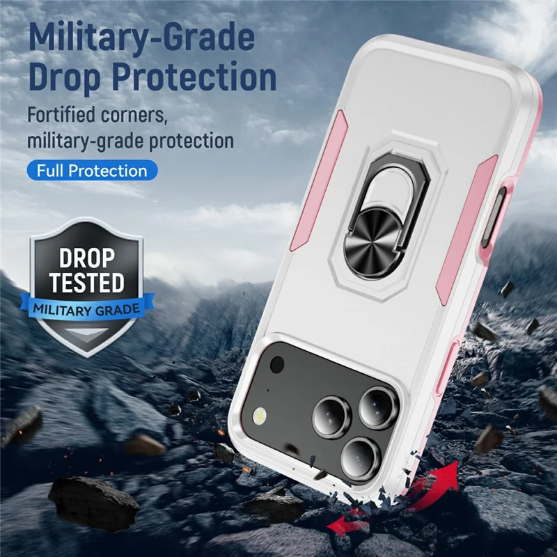 For iPhone 17 Pro Case Military Grade Ring Kickstand PC + TPU Phone Cover - White + Pink