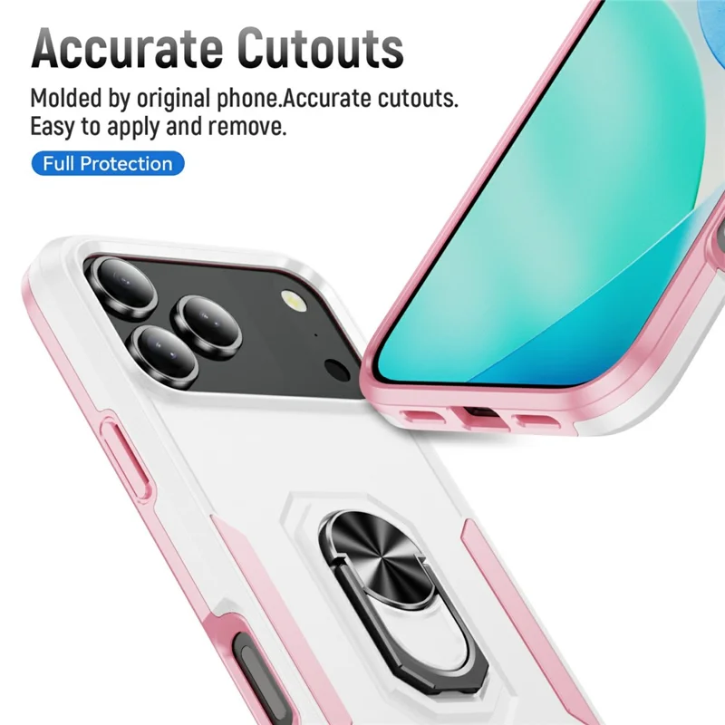 For iPhone 17 Pro Case Military Grade Ring Kickstand PC + TPU Phone Cover - White + Pink