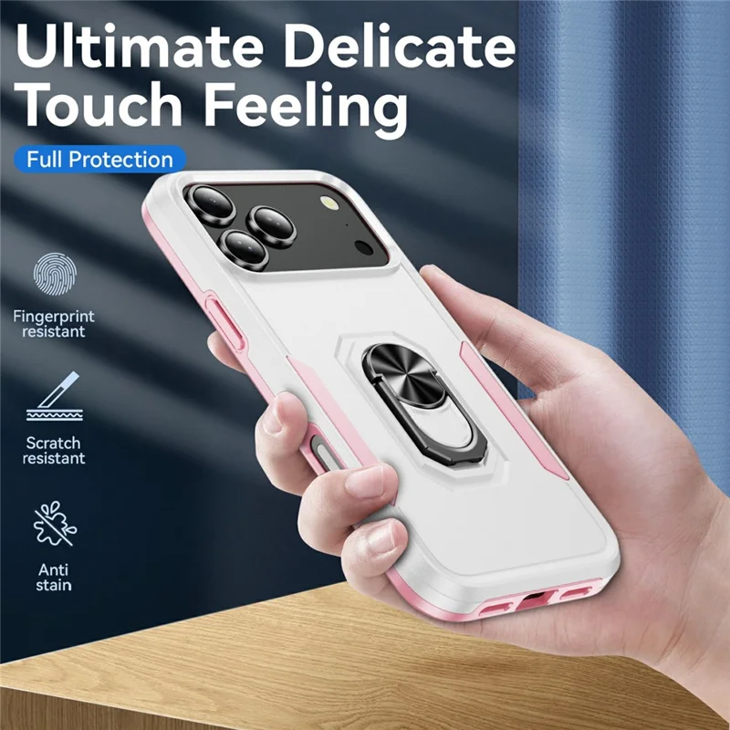 For iPhone 17 Pro Case Military Grade Ring Kickstand PC + TPU Phone Cover - White + Pink