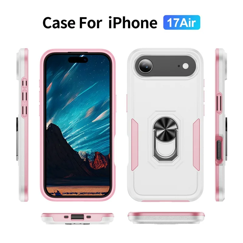 For iPhone Air Case Military Grade Ring Kickstand PC + TPU Phone Cover - White + Pink