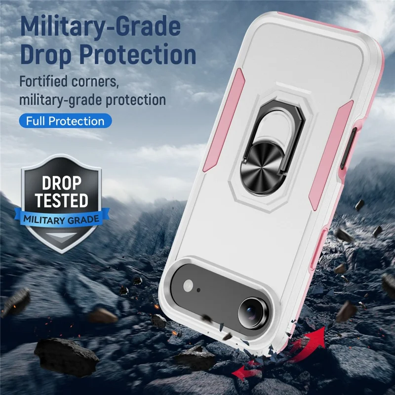 For iPhone Air Case Military Grade Ring Kickstand PC + TPU Phone Cover - White + Pink