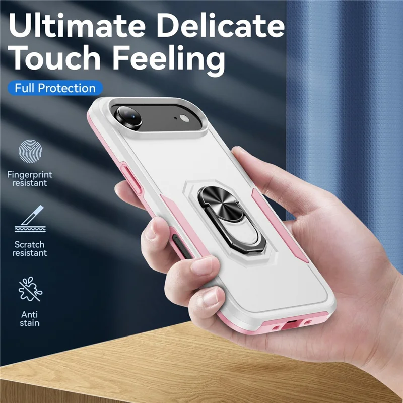 For iPhone Air Case Military Grade Ring Kickstand PC + TPU Phone Cover - White + Pink