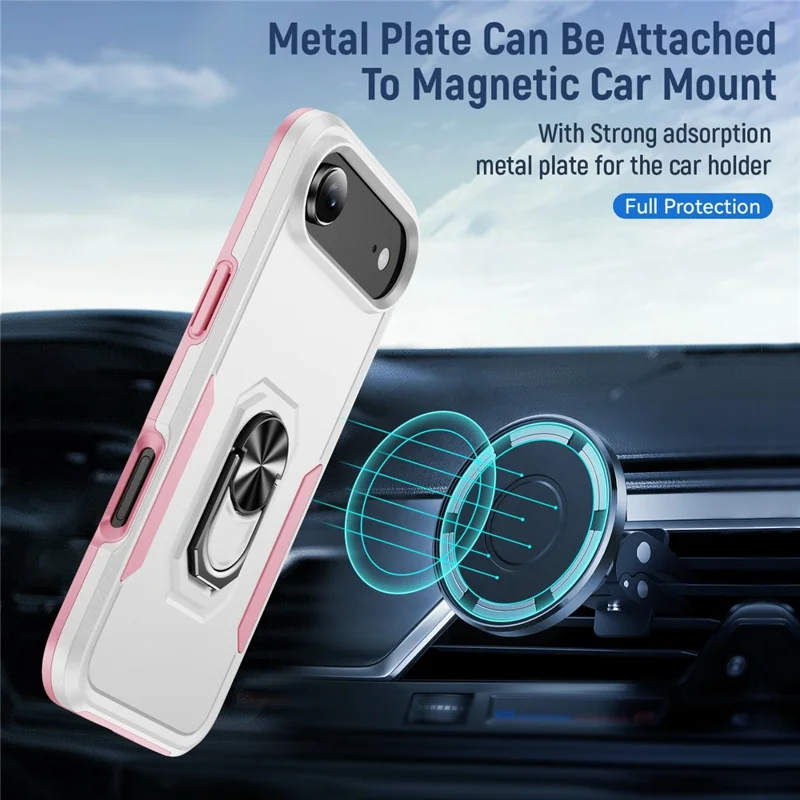 For iPhone Air Case Military Grade Ring Kickstand PC + TPU Phone Cover - White + Pink