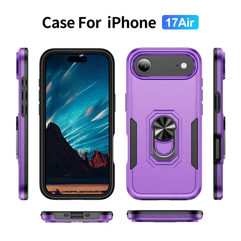 For iPhone Air Case Military Grade Ring Kickstand PC + TPU Phone Cover - Purple + Black