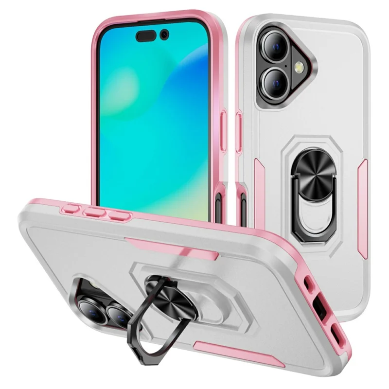 For iPhone 17 Case Military Grade Ring Kickstand PC + TPU Phone Cover - White + Pink