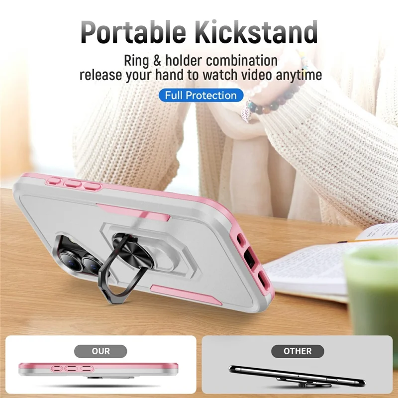 For iPhone 17 Case Military Grade Ring Kickstand PC + TPU Phone Cover - White + Pink