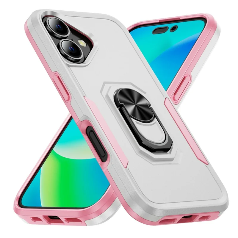 For iPhone 17 Case Military Grade Ring Kickstand PC + TPU Phone Cover - White + Pink